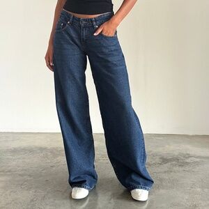 Motel Rocks Roomy Extra Wide Low Rise Jeans in Mid Indigo Blue W26 L34